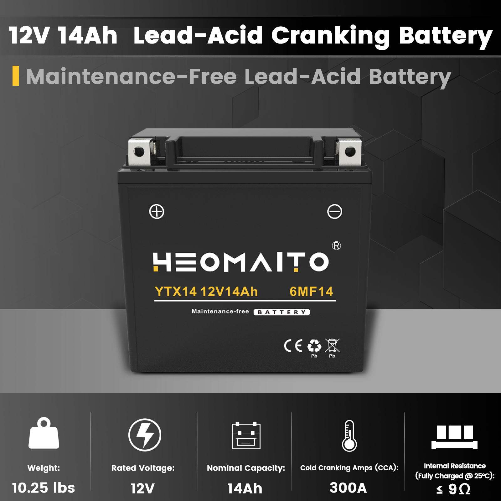 YTX14 14AH Spiral Cell Motorcycle Battery